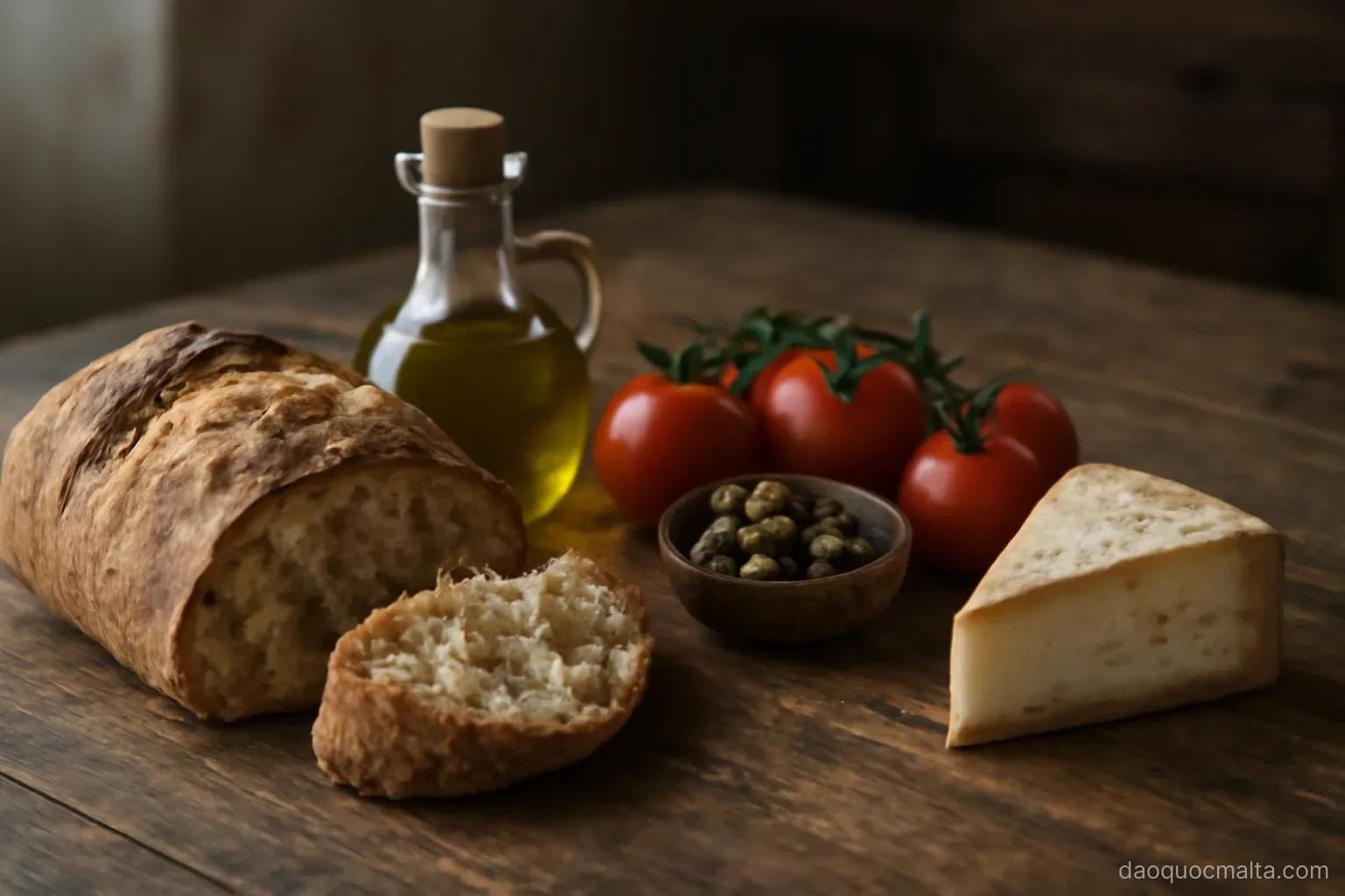 a rustic table with crusty bread, tomatoes, olive oil, capers and local cheese