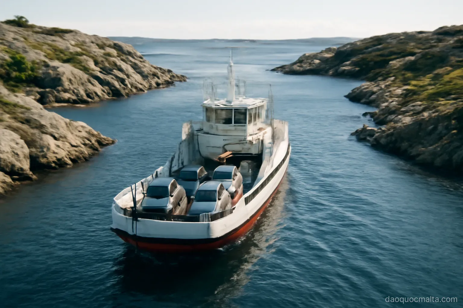 a car ferry crossing a short blue channel between two rocky islands