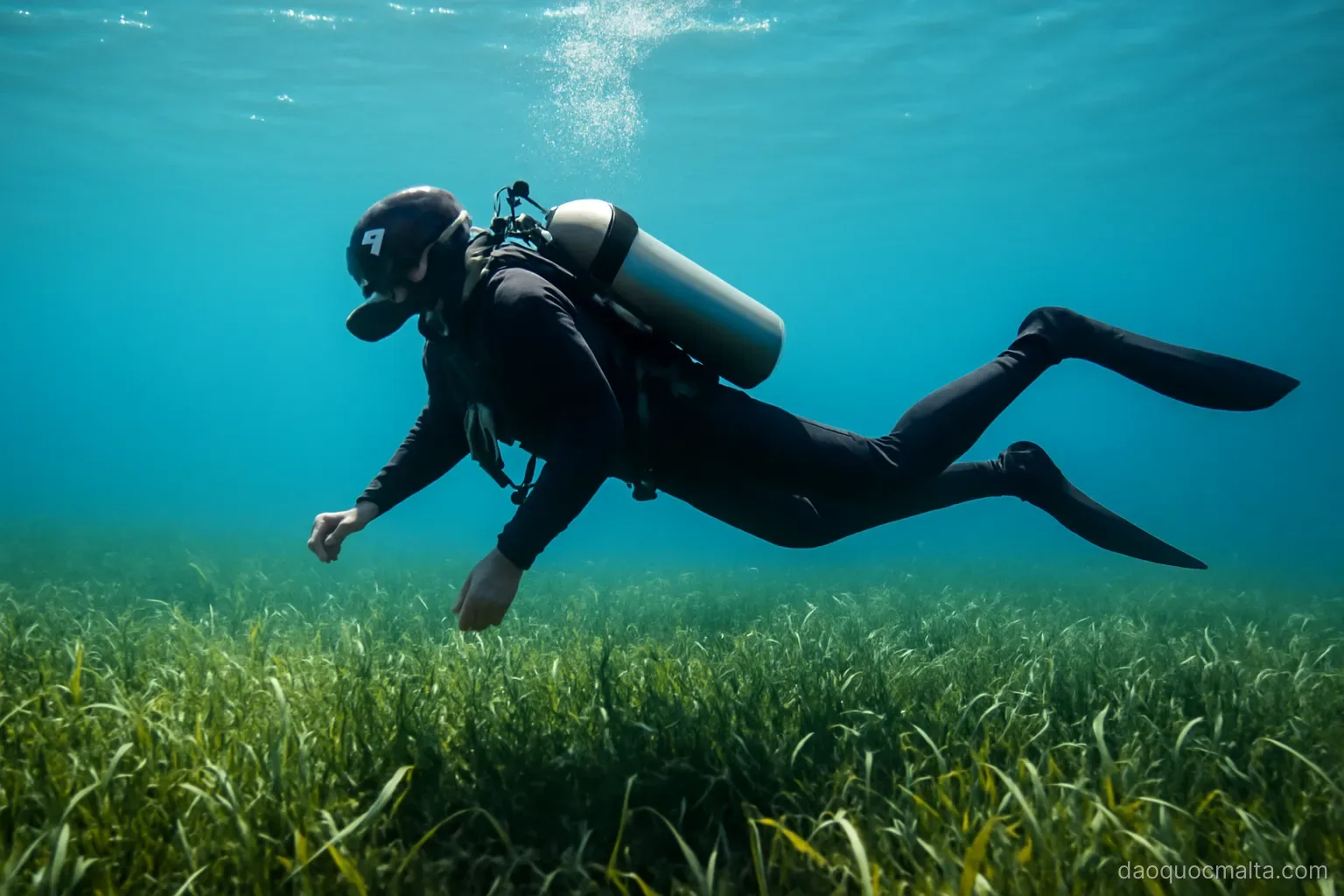 a diver swimming above a seagrass meadow in extremely clear blue water