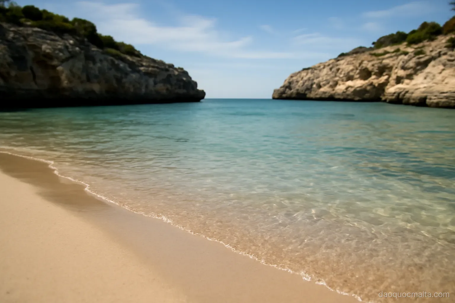 a wide sandy bay with clear shallow water and low cliffs on either side