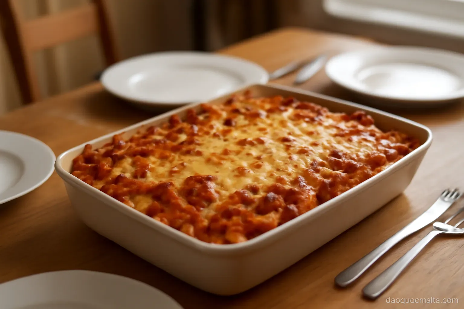 a large baked pasta dish fresh from the oven on a family table with plates around it