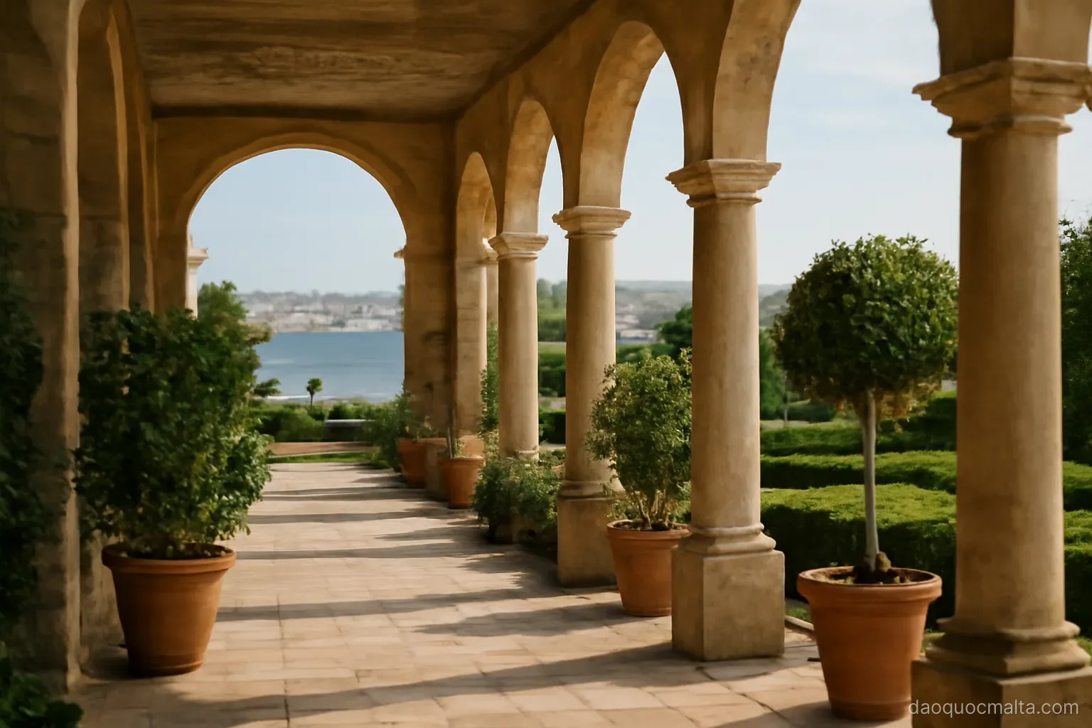 a formal walled garden with arcades, potted plants and a view over the harbour
