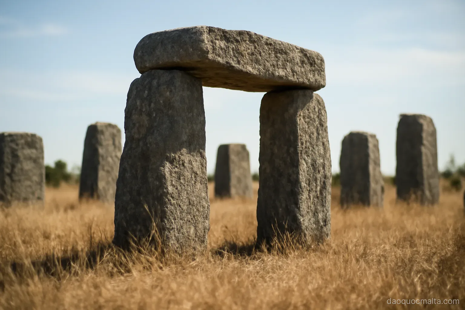 ancient megalithic stone temple blocks standing in a field of dry grass
