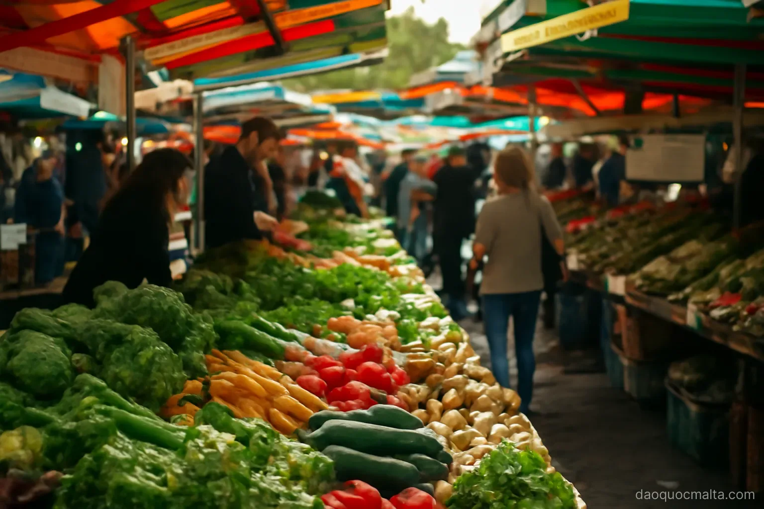 a crowded open air market with stalls of fresh vegetables under colourful awnings