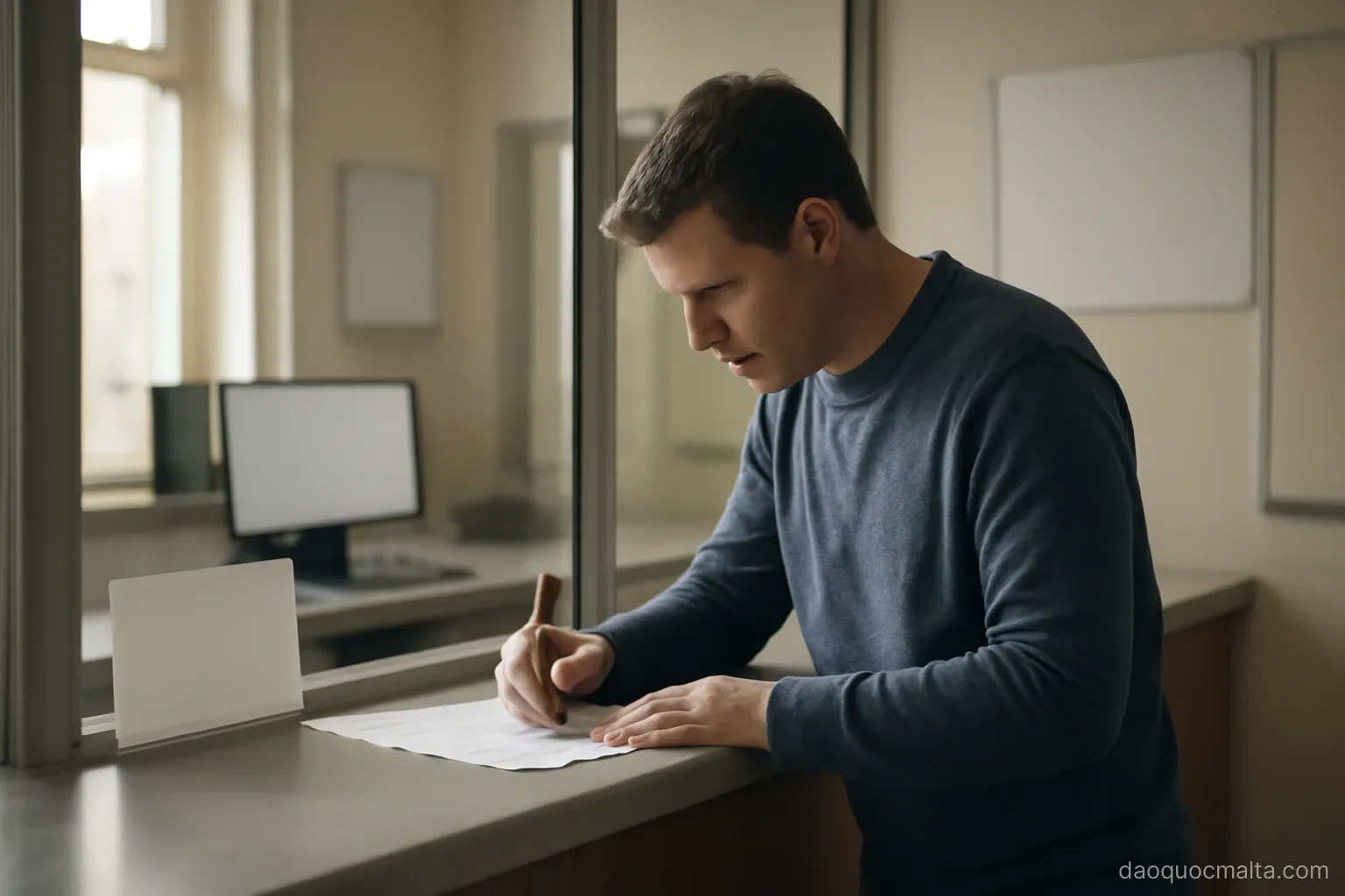 a person standing at a counter filling in forms in a small government office