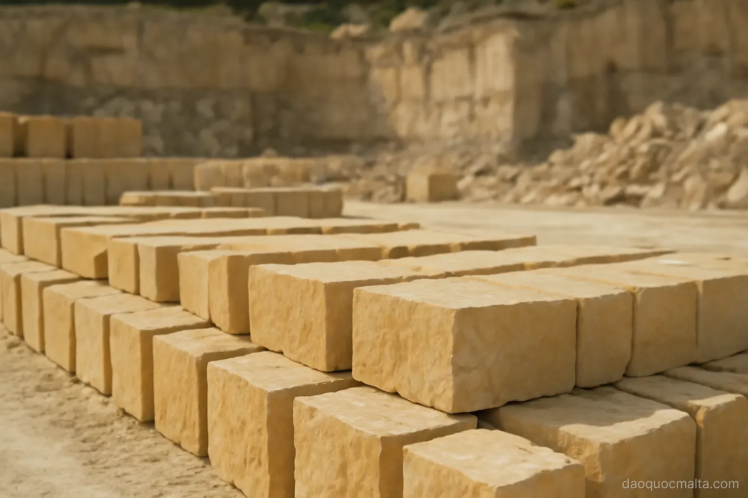 a working limestone quarry with straight-cut golden stone blocks stacked in rows