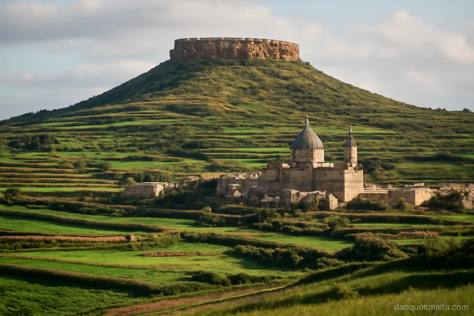 a flat-topped hill rising above green terraced fields and a small village with a domed church