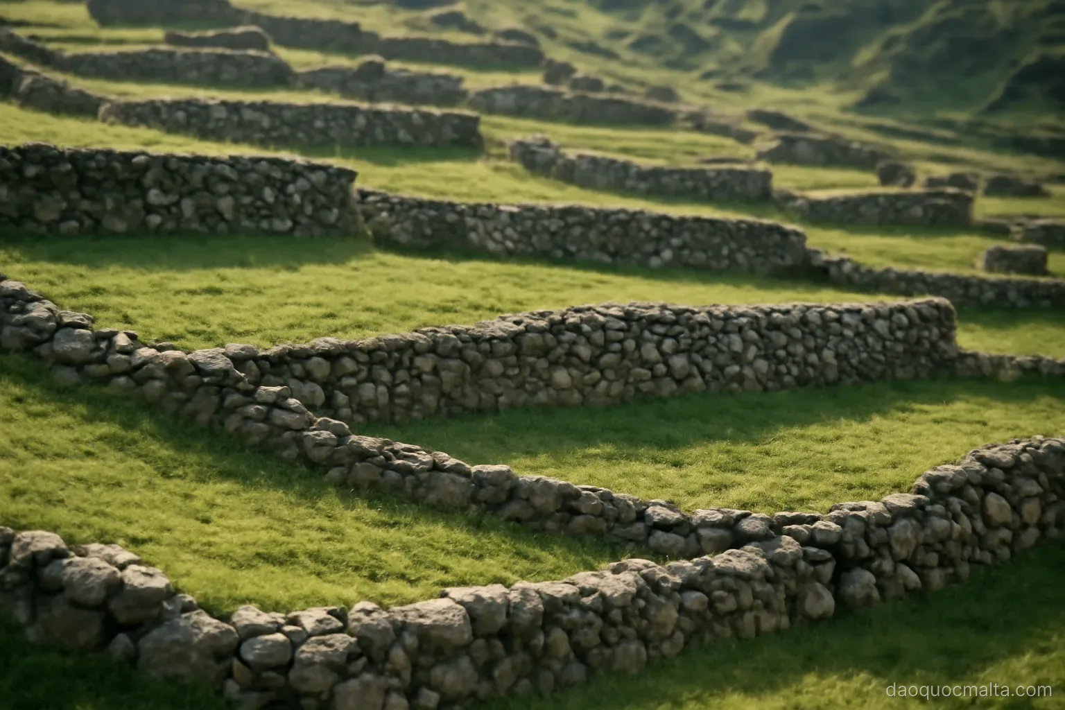 small terraced fields divided by dry stone walls covering a gentle hillside