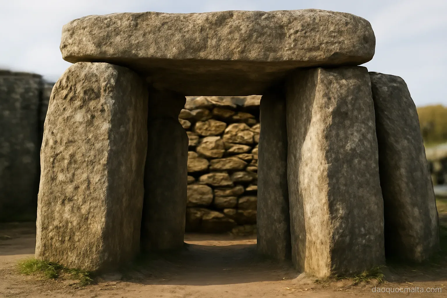 massive prehistoric stone slabs forming a temple doorway with smaller stones packed between