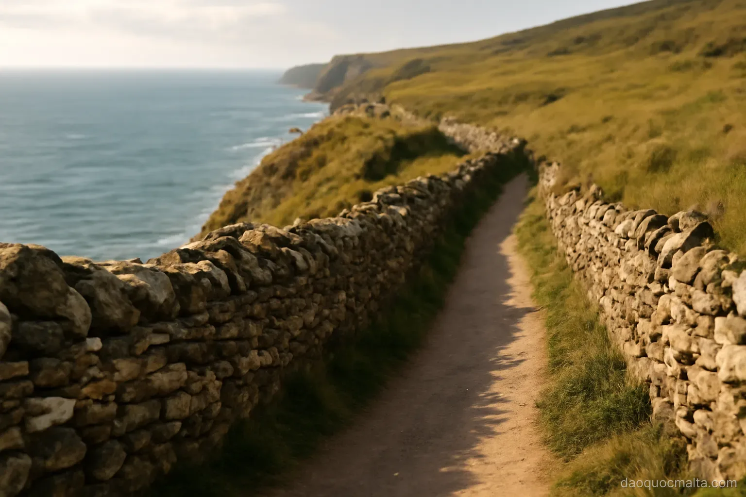 a walking path along a clifftop with dry stone walls and the sea far below