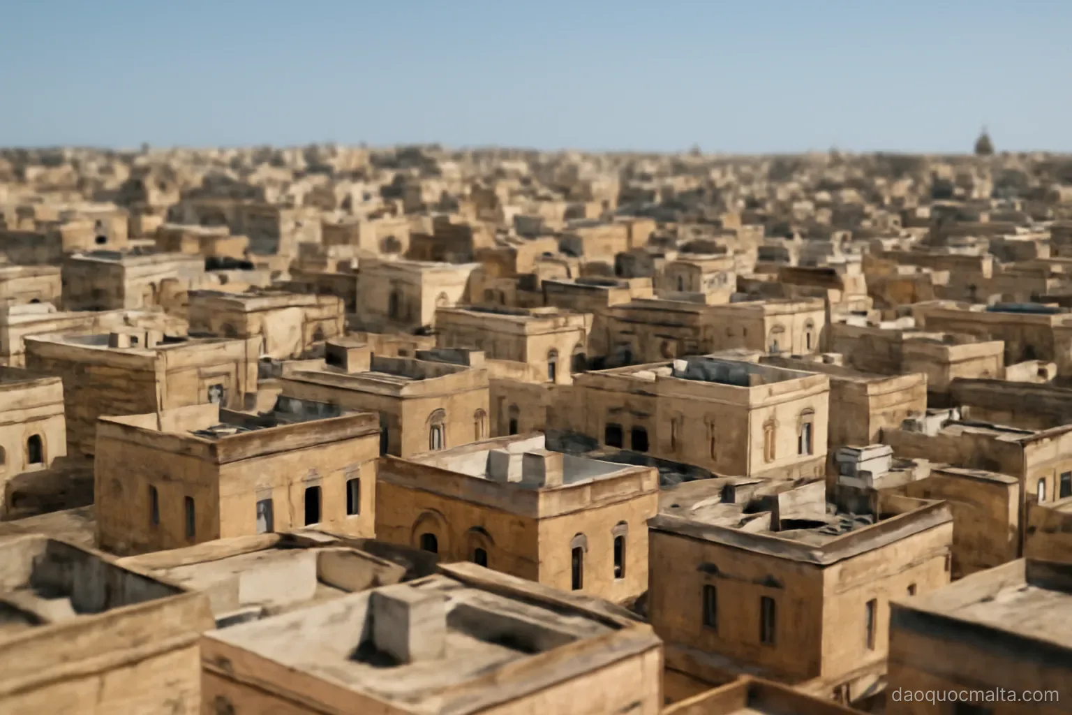 a dense townscape of flat-roofed limestone buildings stretching to the horizon