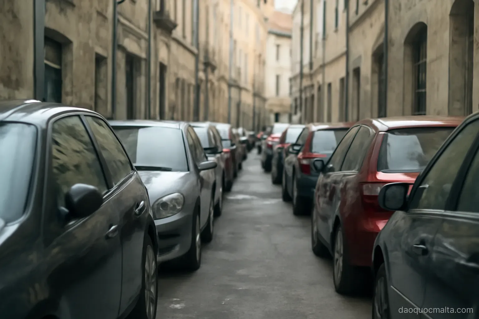 a congested narrow road lined with parked cars between stone buildings