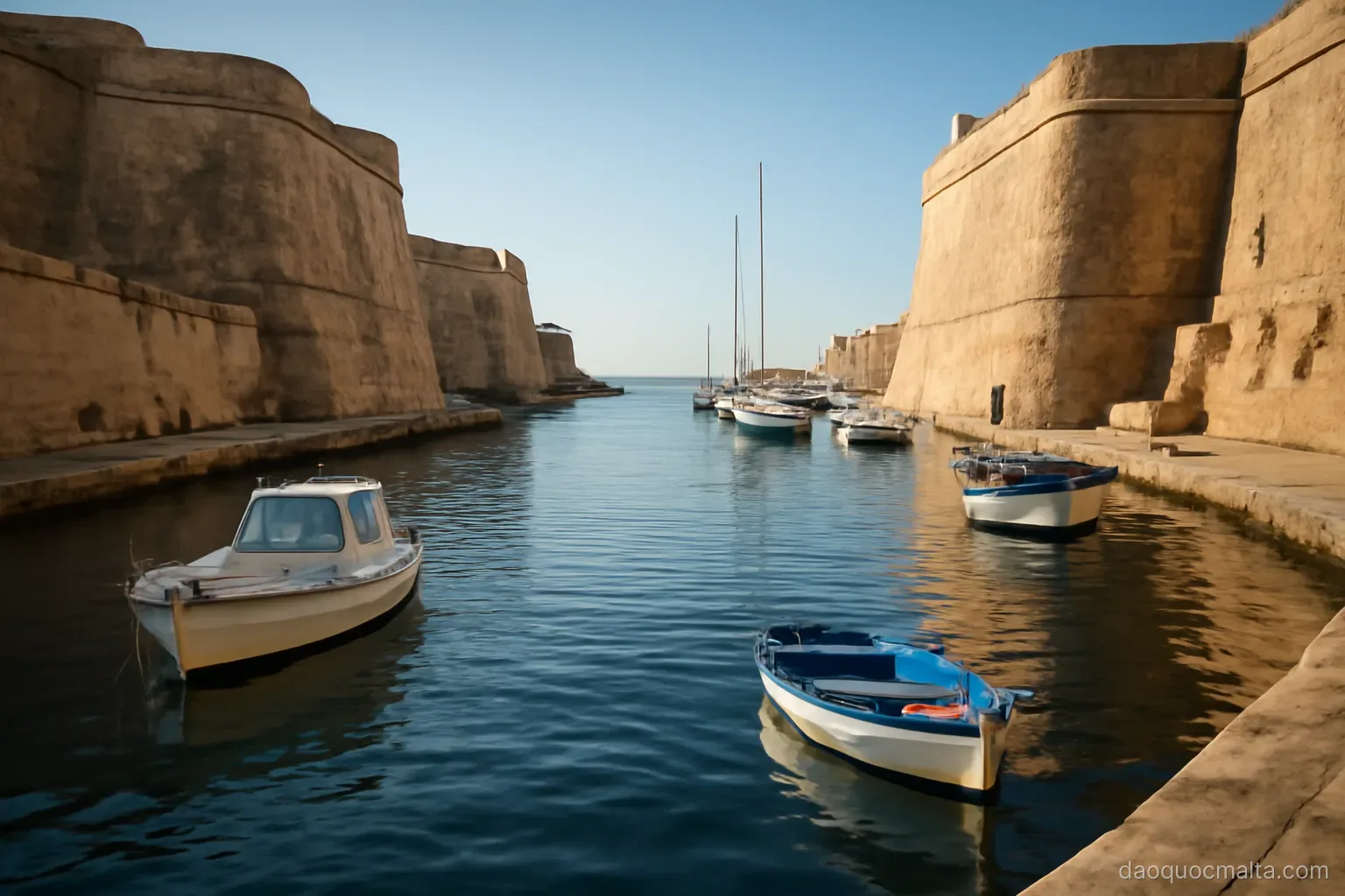 a deep natural harbour with fortified stone bastions on both sides and boats moored within