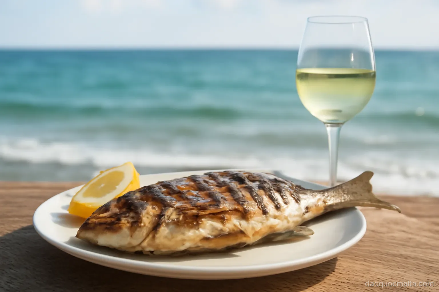 grilled whole fish on a plate with lemon wedges and a glass of white wine by the sea