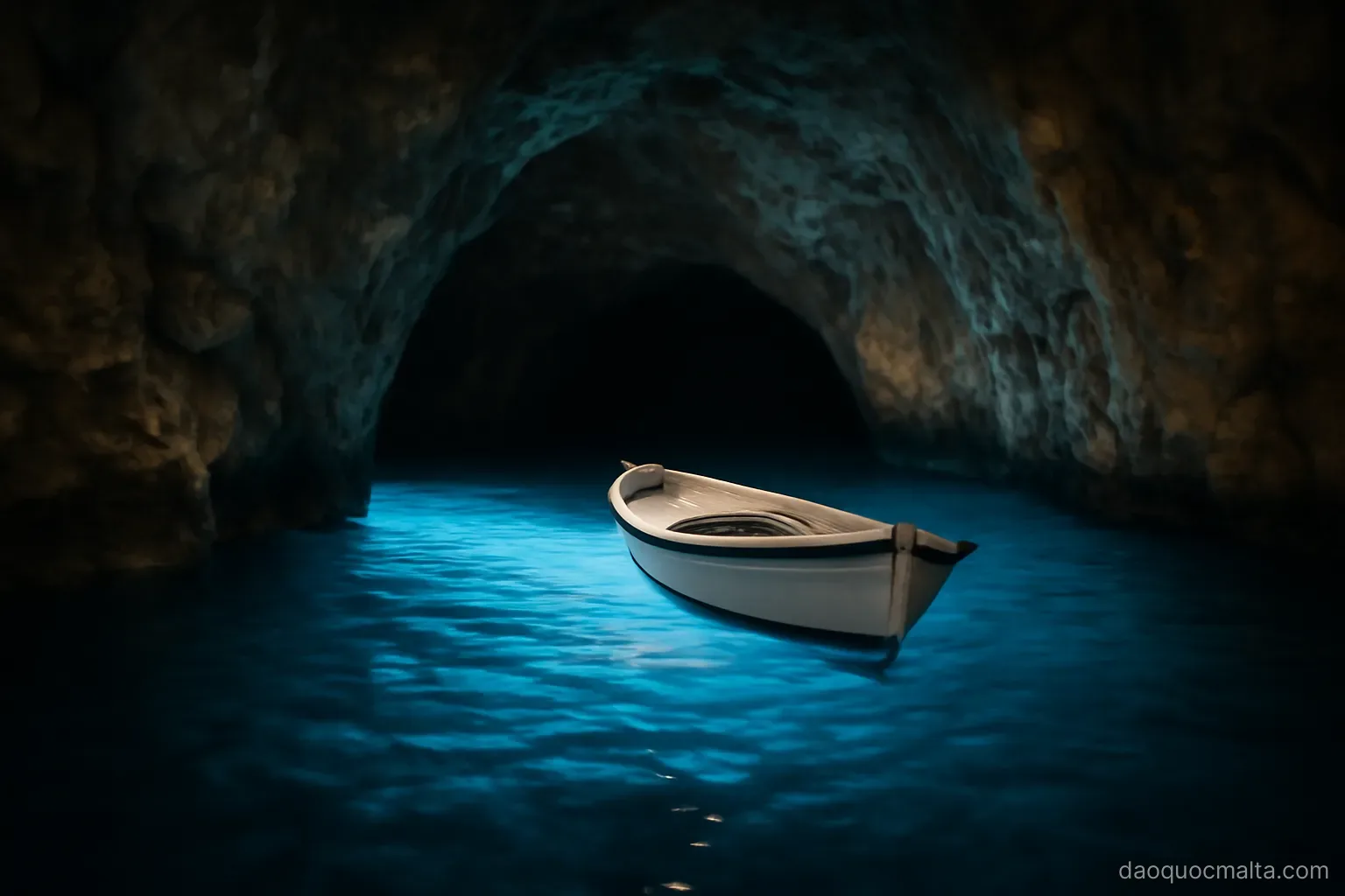 a small boat entering a sea cave with glowing blue water reflecting on the rock walls