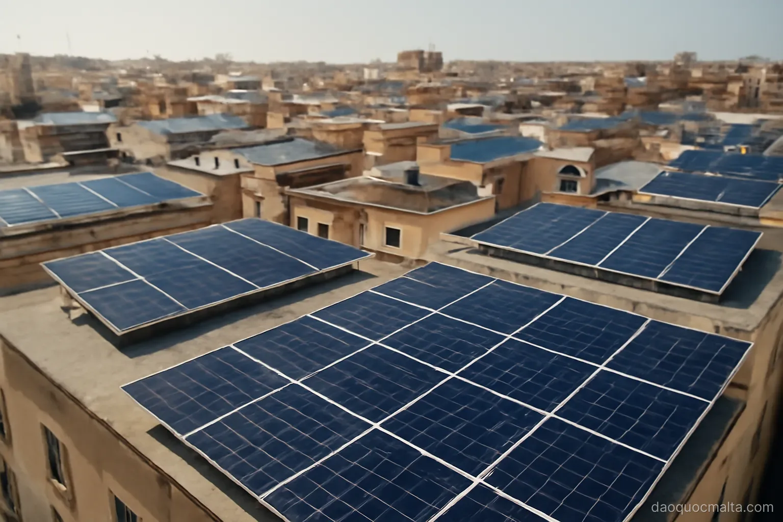 rooftop solar panels covering dense flat roofs of a town under strong sunlight