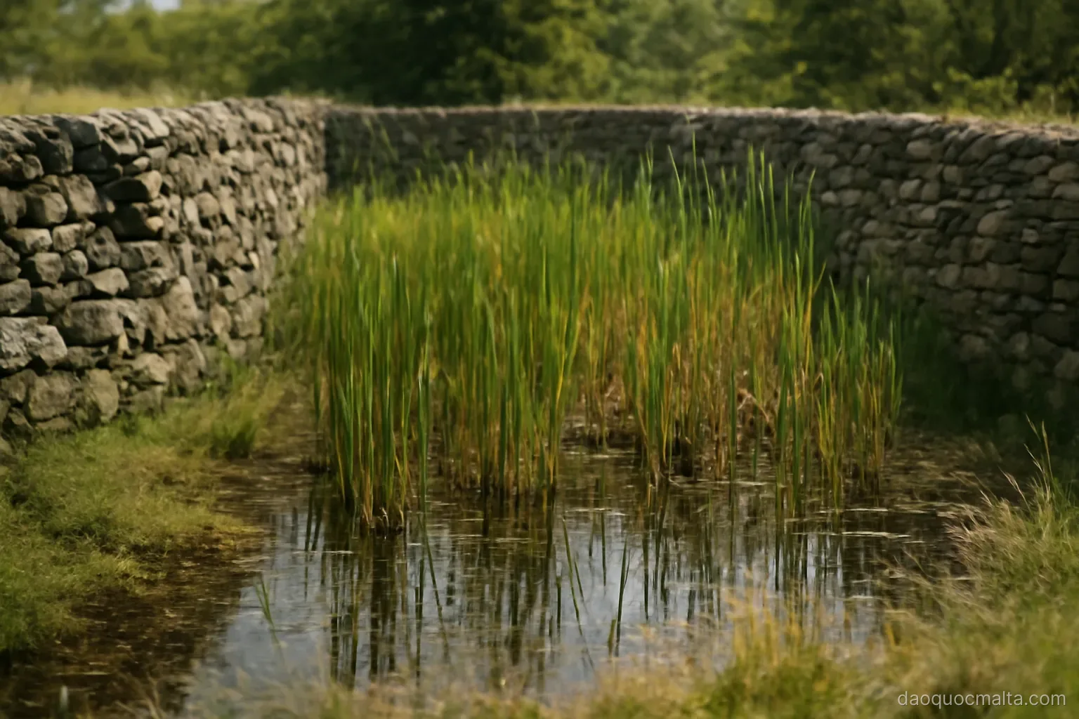 a small protected wetland with reeds and shallow water surrounded by dry stone walls