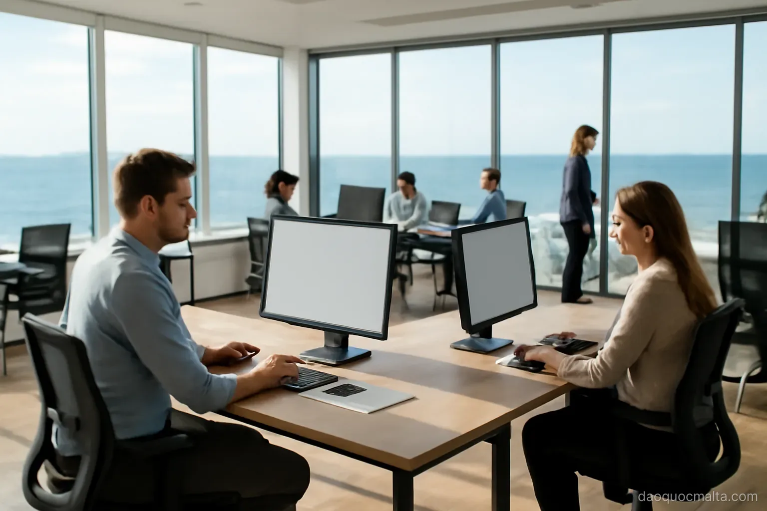 an open plan office with people at desks and a view of the sea through large windows
