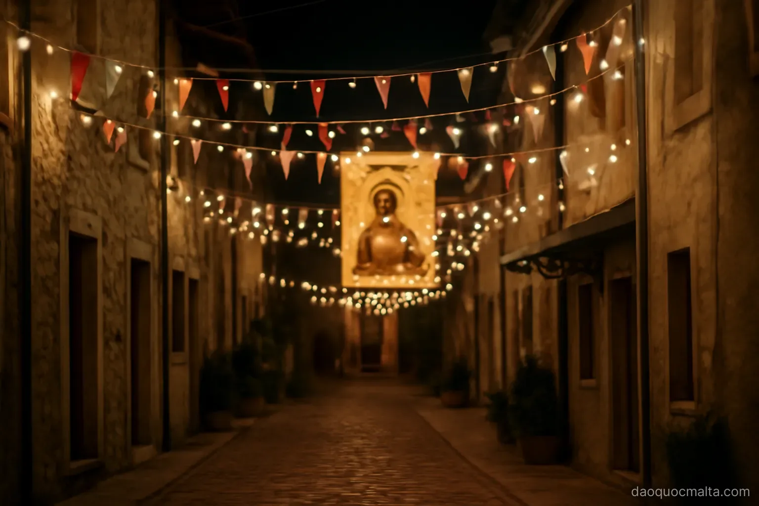 a village street decorated with banners and lights during a religious feast at night