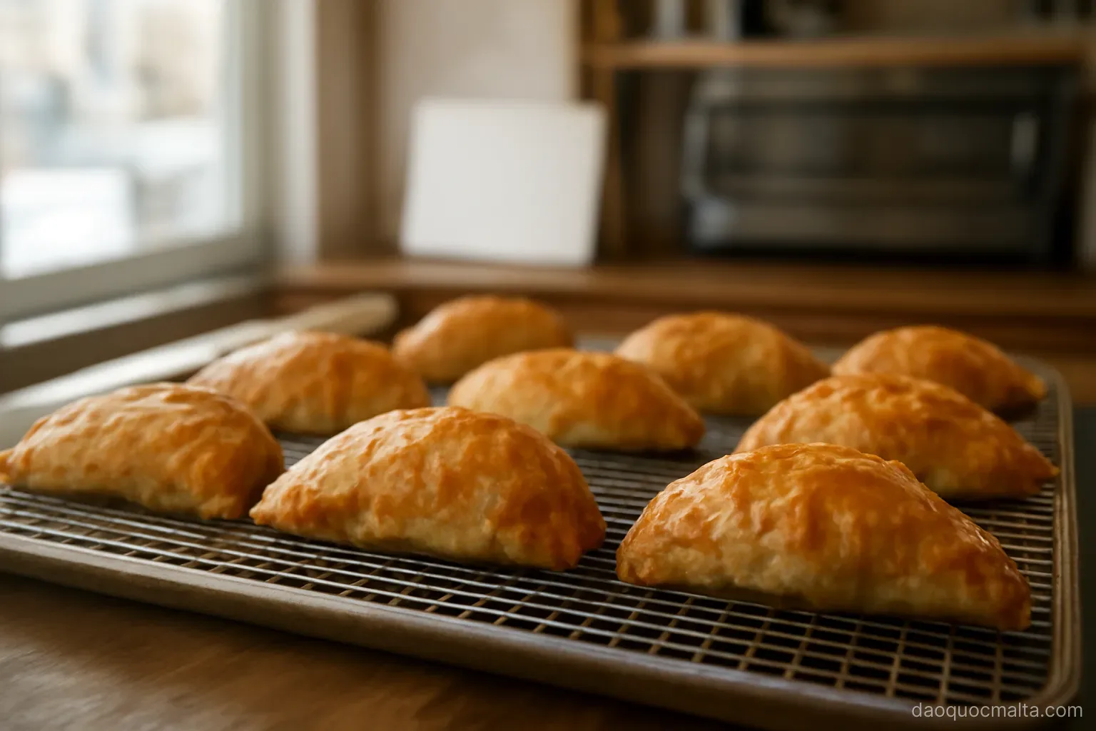 a tray of freshly baked golden pastries cooling on a metal rack in a small bakery