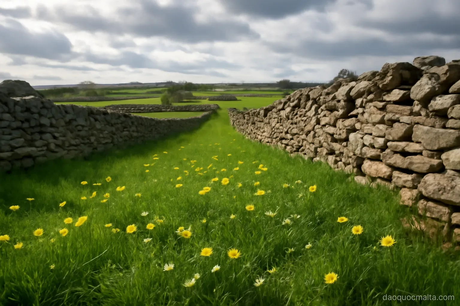 green fields with wild flowers between dry stone walls under a partly cloudy winter sky