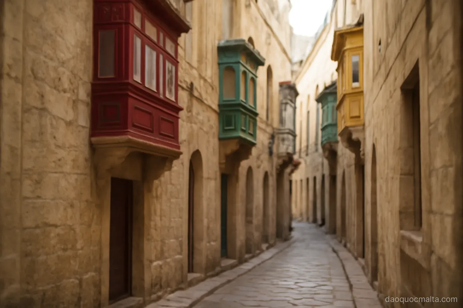 a narrow shaded alley between tall stone houses with colourful enclosed wooden balconies