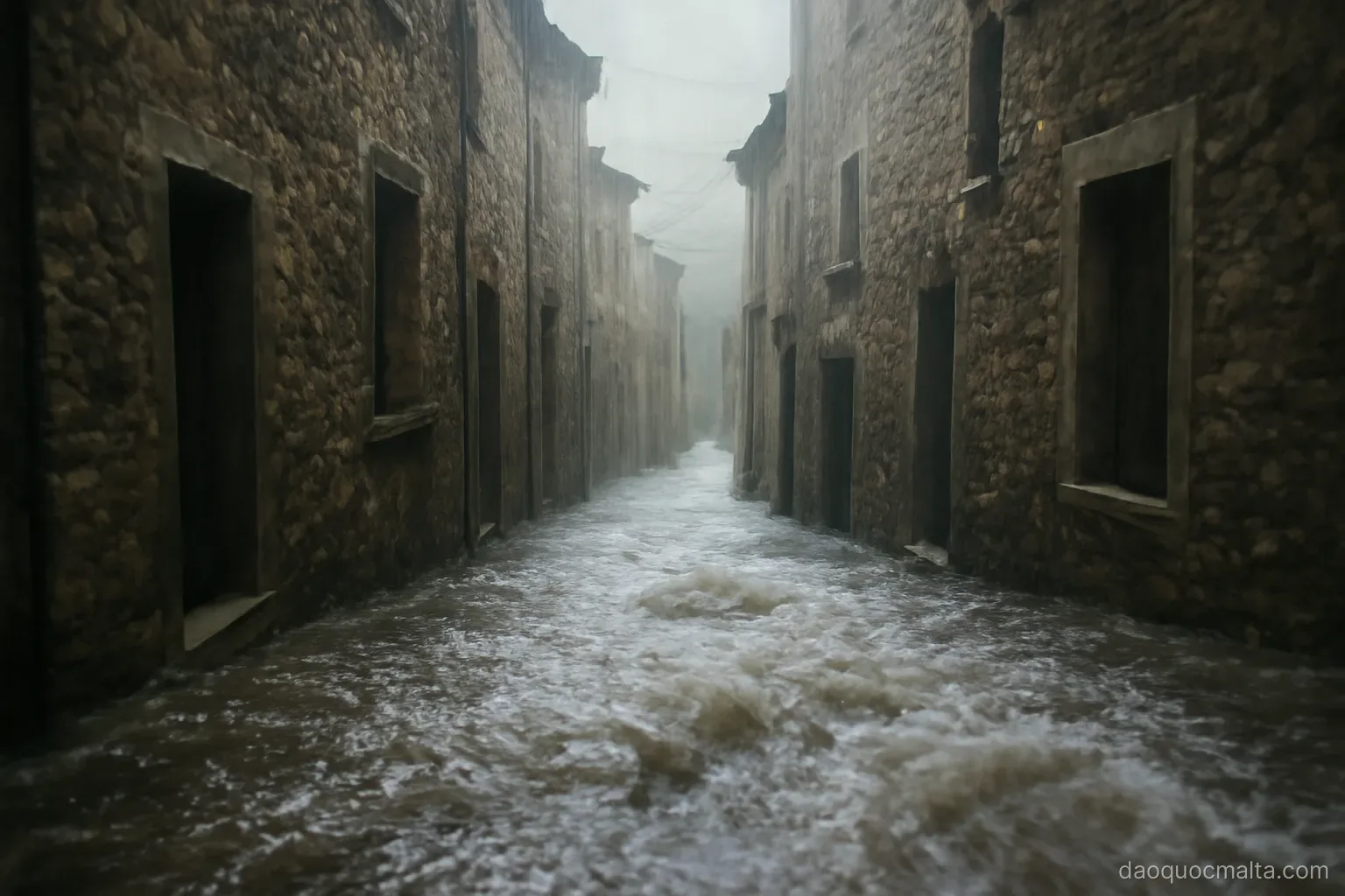 rainwater rushing down a steep narrow street between stone buildings during a storm