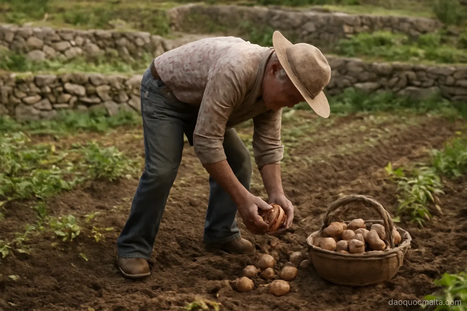 a farmer harvesting potatoes from a small terraced field with stone walls around it