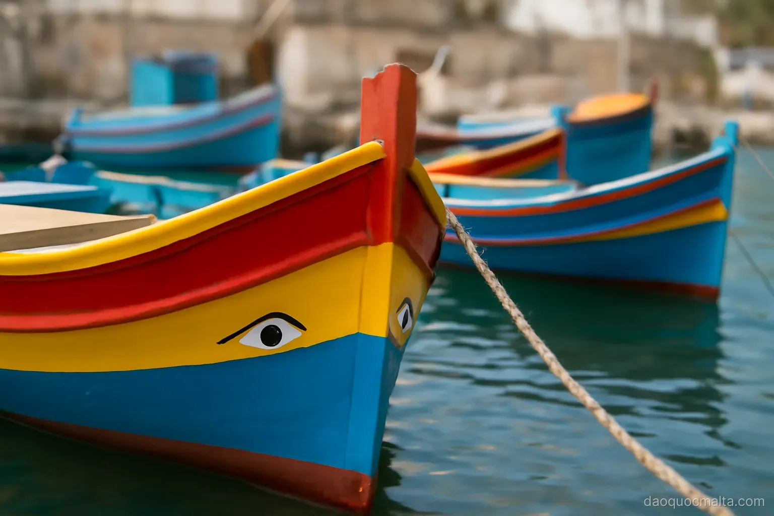 brightly painted wooden fishing boats with eyes on the bows moored in a small harbour