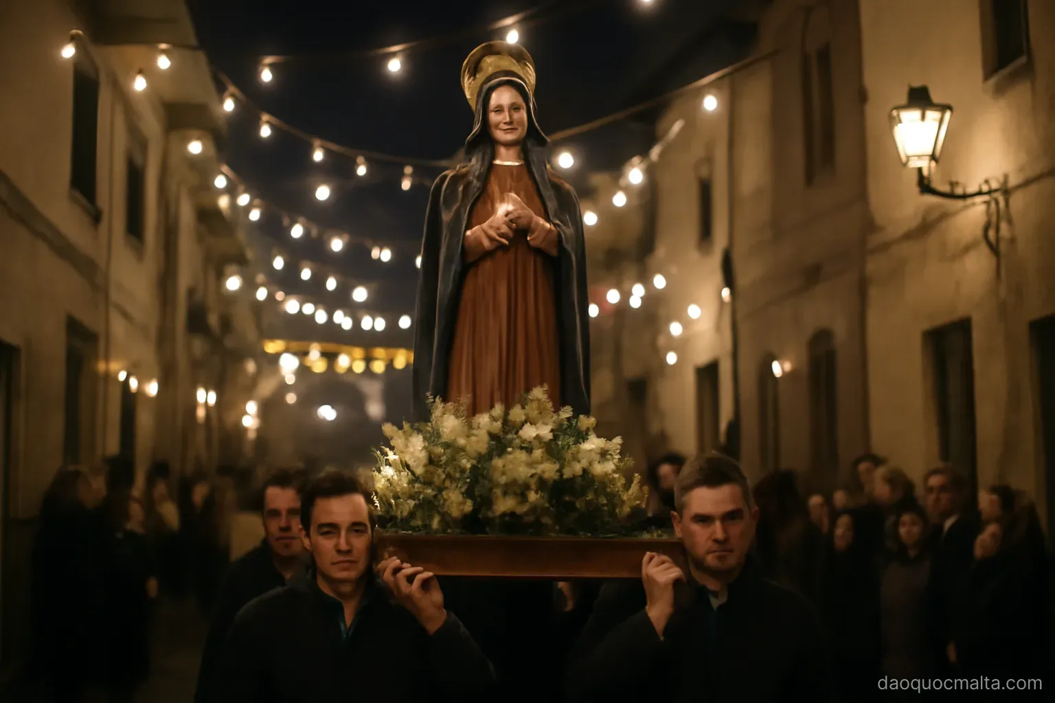 a night procession with a statue carried on shoulders through a decorated village street