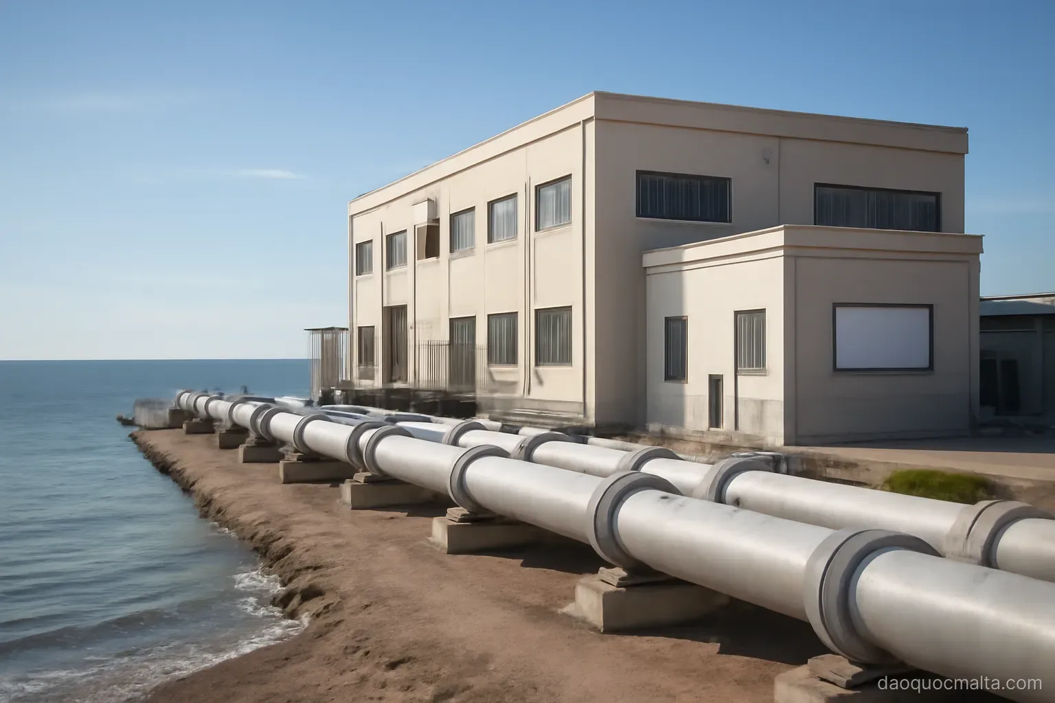 a desalination plant building beside the sea with pipes running toward the shore