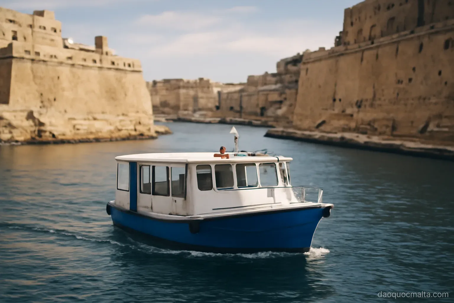 a small passenger ferry crossing a harbour with fortified walls rising on both shores