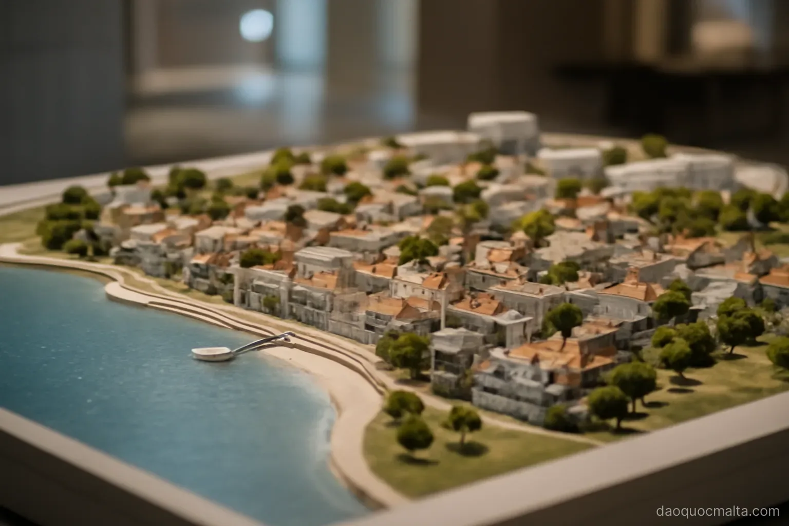 a planning model of a coastal town district displayed under exhibition lighting