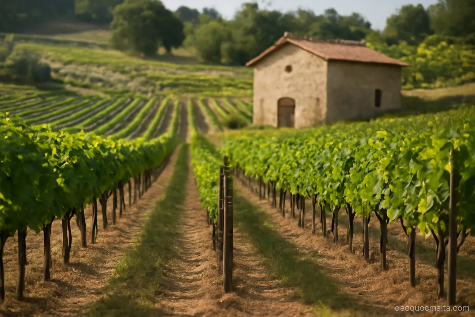 rows of grapevines on terraced land with a small stone winery in the distance