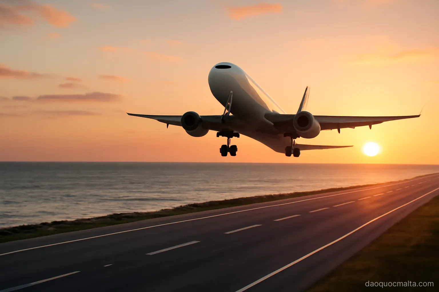 an aircraft taking off over the sea from a coastal runway at sunset