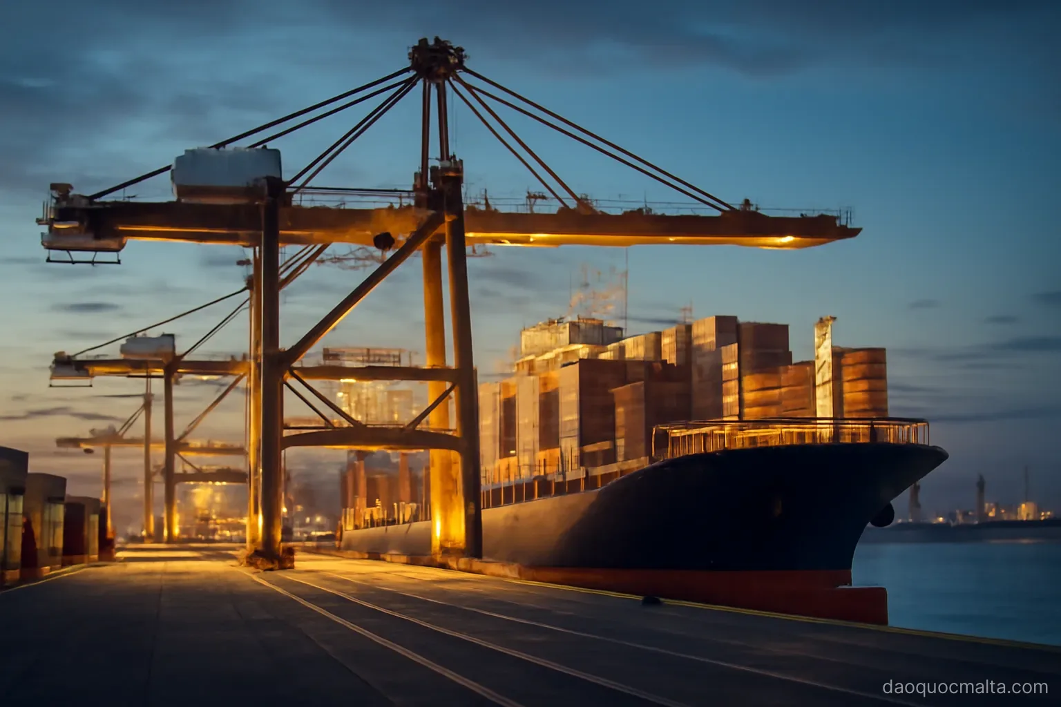 a container terminal with gantry cranes loading a large ship at dusk