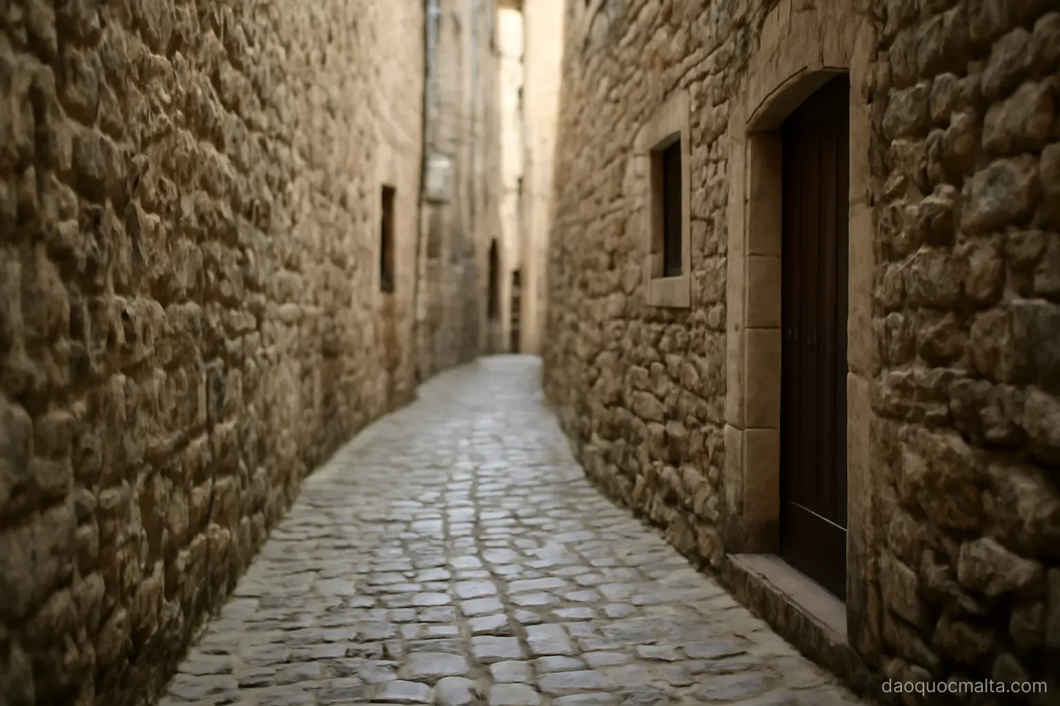a silent narrow lane inside a walled hilltop town with tall stone walls and closed doors