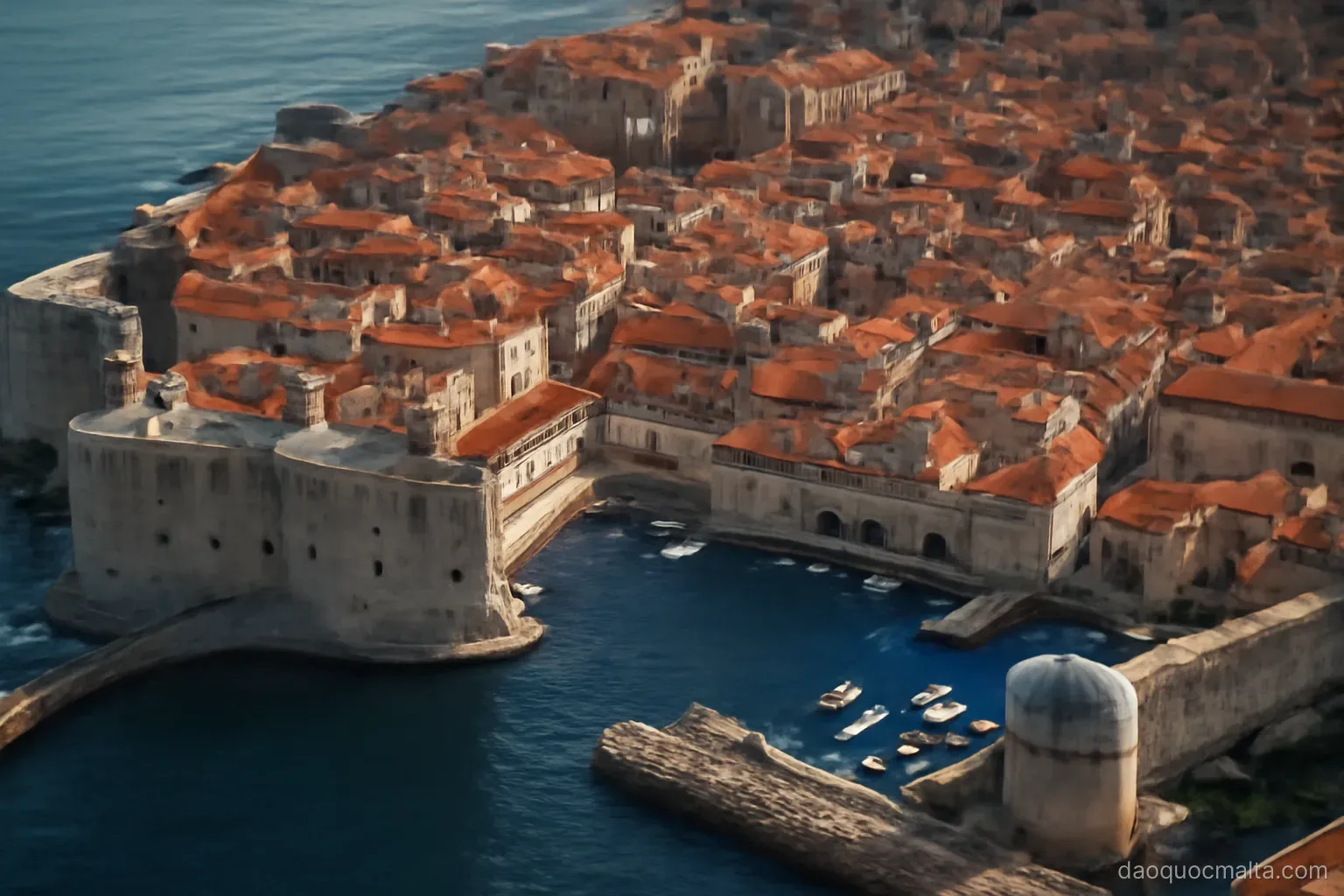 a grid of narrow streets seen from above inside massive fortified city walls by the sea