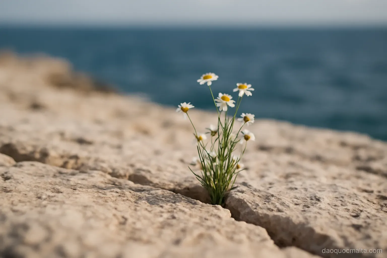 small wild flowers growing out of a crack in bare limestone rock near the sea