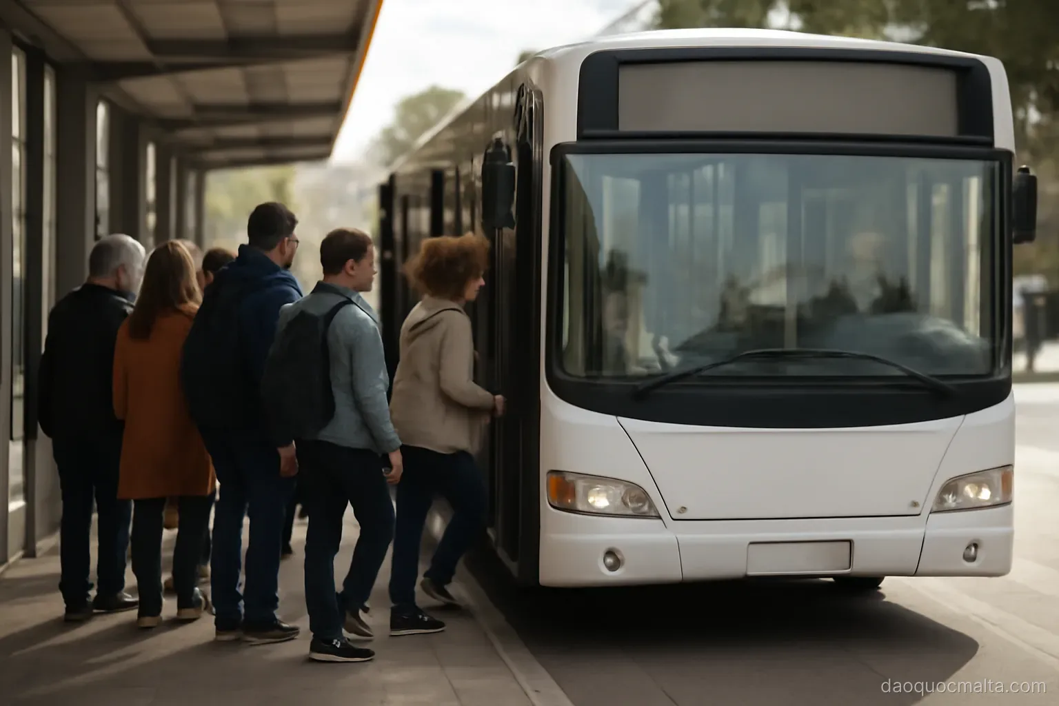 a public bus waiting at a busy terminus with passengers boarding